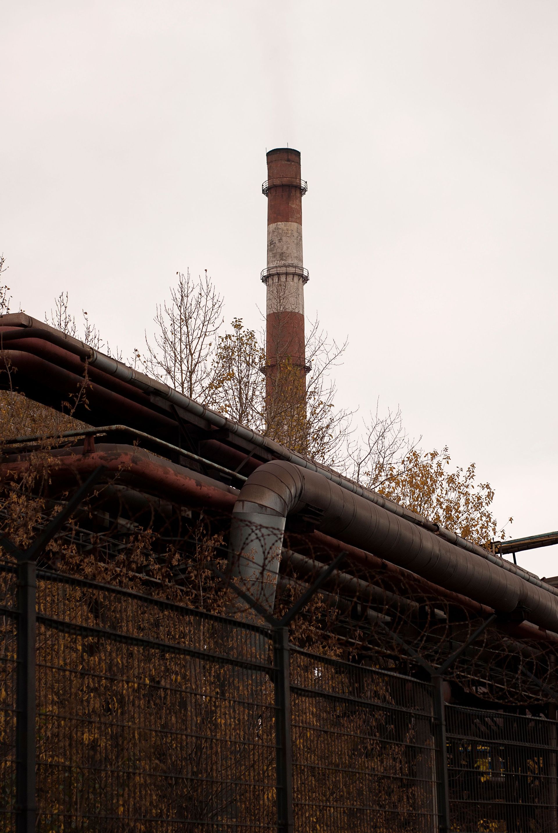 Industrial chimney emitting smoke with autumn foliage in view, symbolizing pollution.